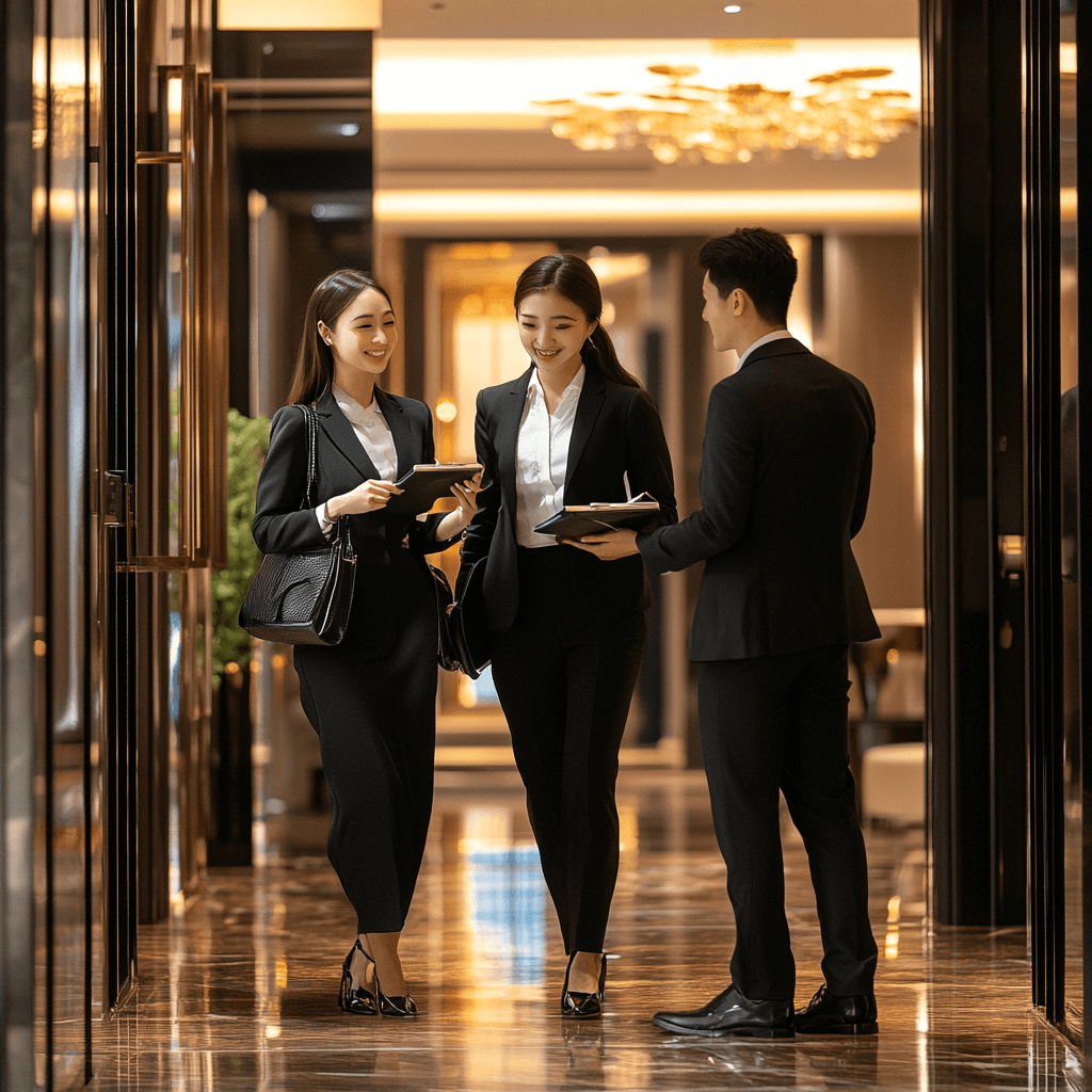 Bilingual concierge assisting guest at business meeting in Shenzhen