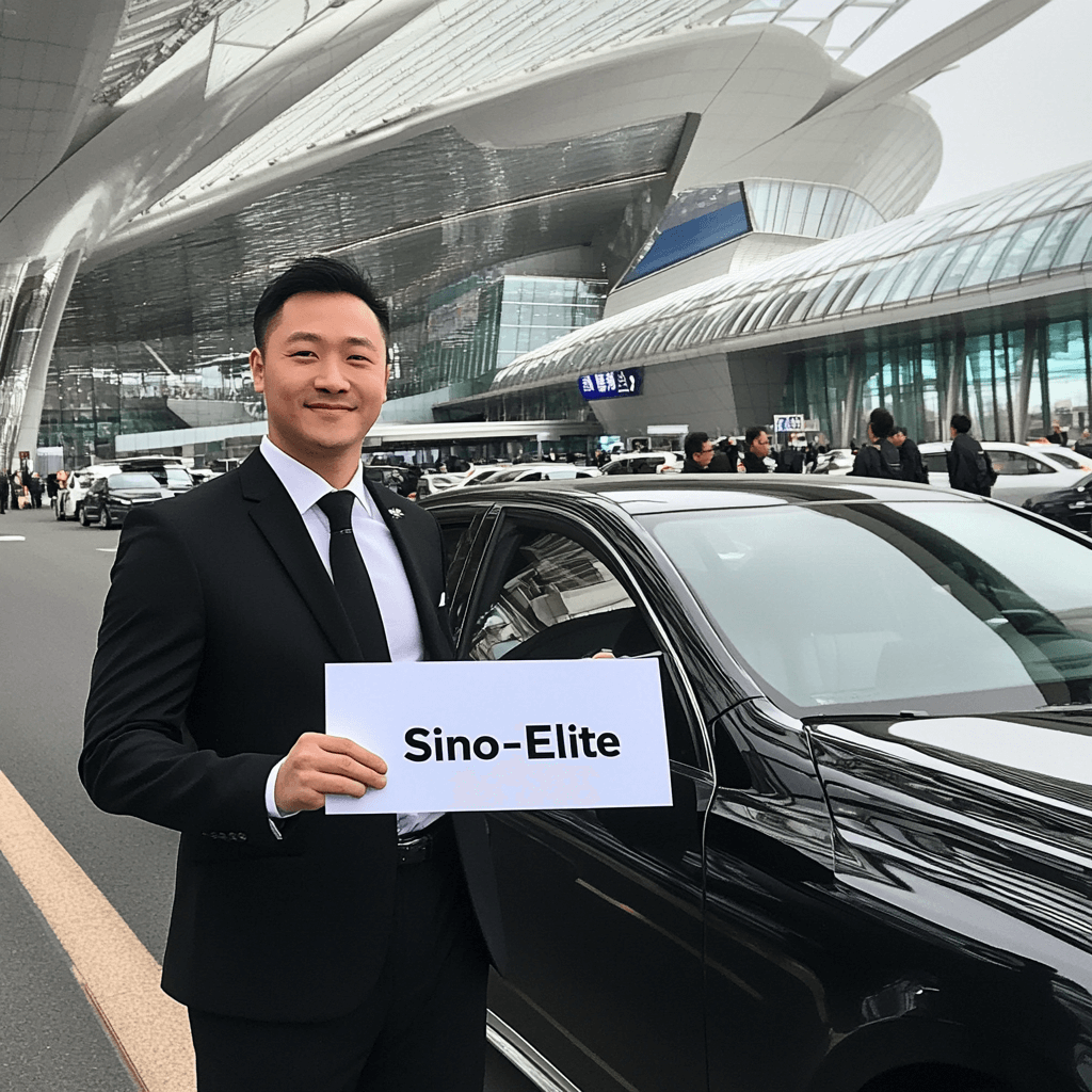 bilingual concierge with traveler at Beijing airport